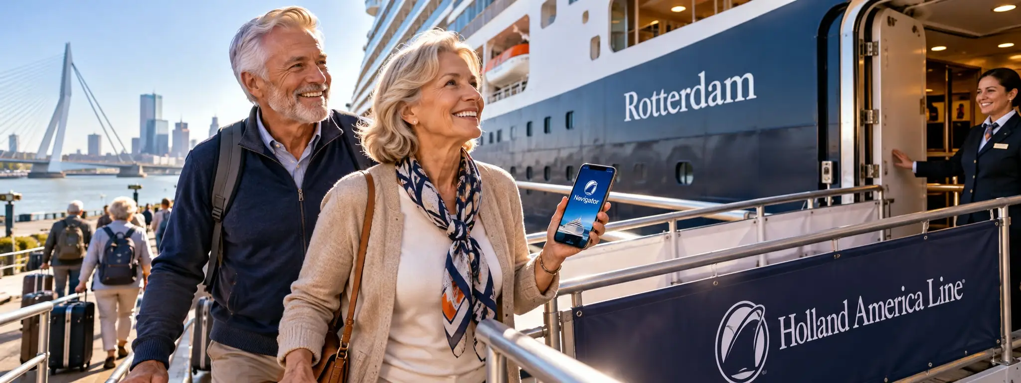 Een stel met de Navigator-app op de telefoon loopt de loopbrug op naar de ms Rotterdam, met de Erasmusbrug op de achtergrond